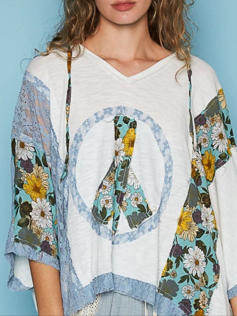 OL Womens Floral Peace Sign V-Neck Hooded Top Sz S Oversized